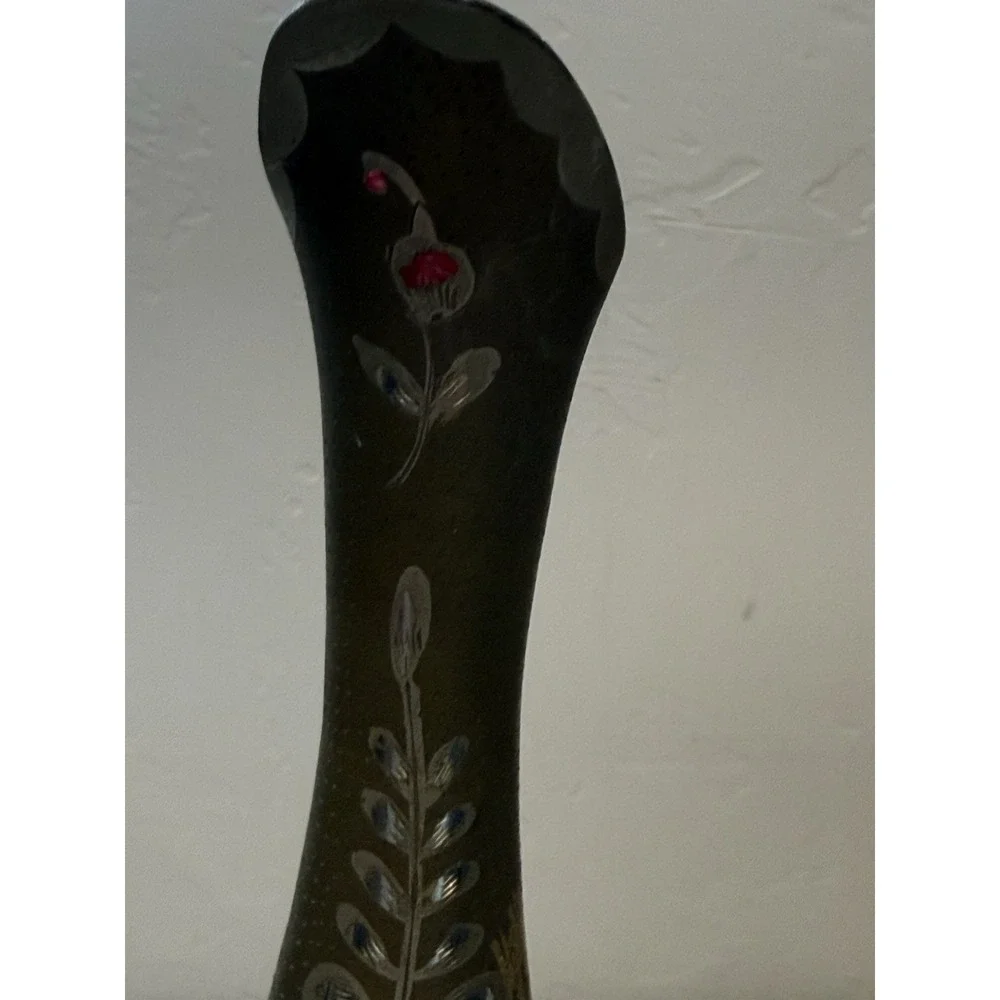 Vintage India Brass Water Pitcher Circa‎ Etched Painted Elegant Curved Handle